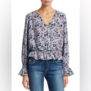 Scripted Floral Smocked Bell-Sleeve Blouse, size Large